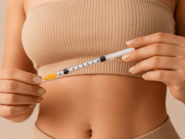 Woman holding a GLP-1 injection syringe at her abdomen before a weekly semaglutide or tirzepatide dose